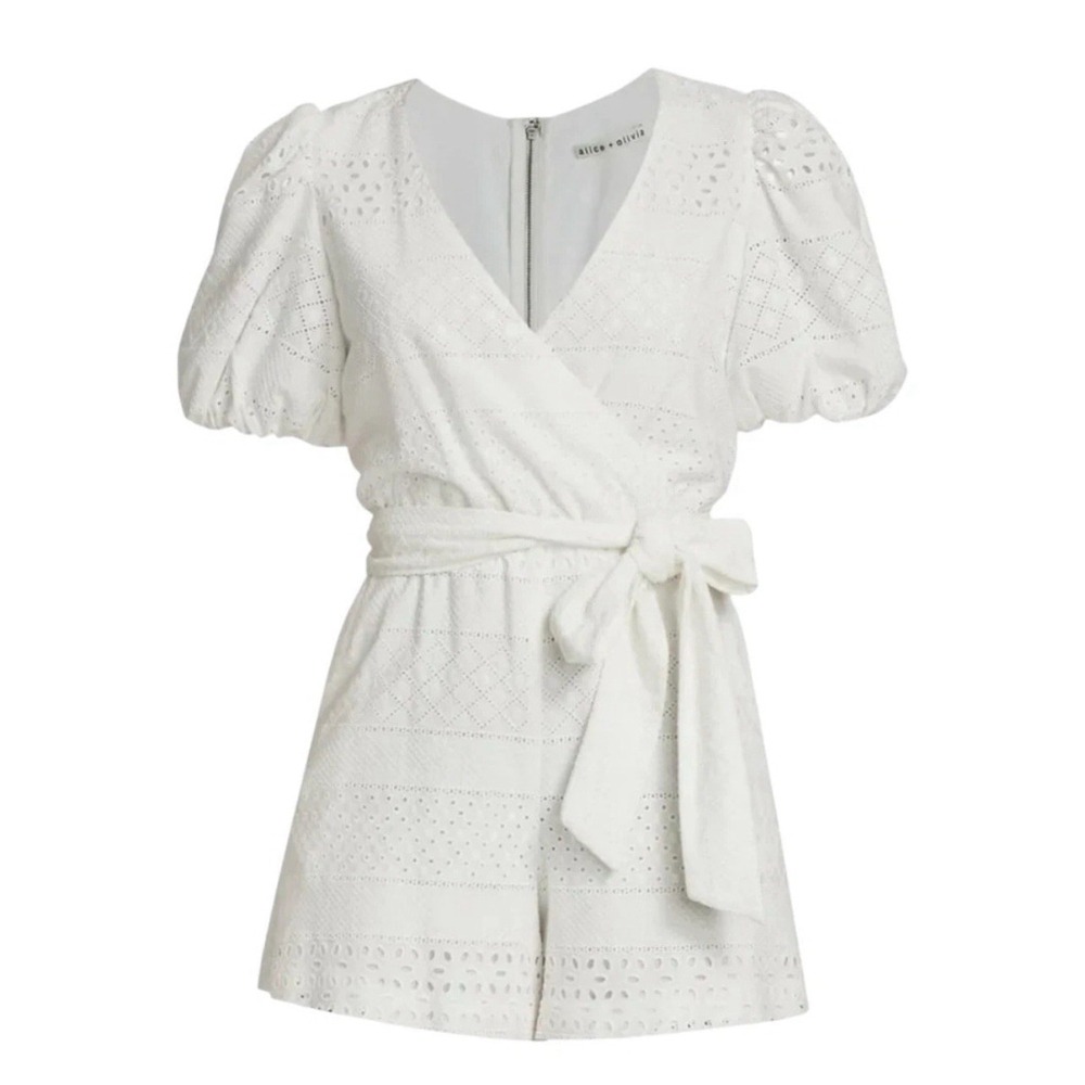 ALICE + OLIVIA Paulina White Eyelet Puff Sleeve Romper 0 Coastal Nautical Beach